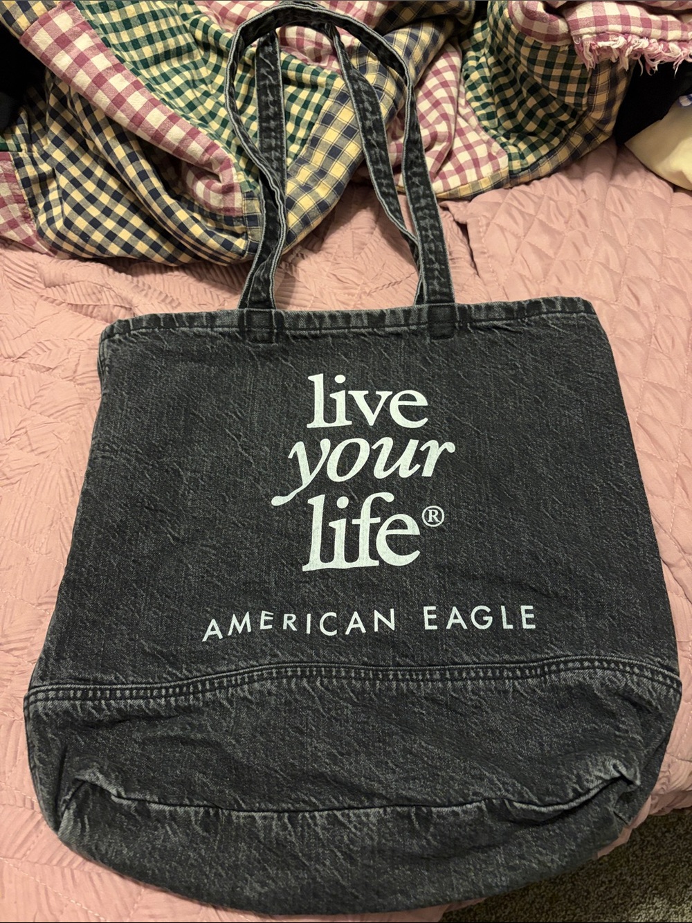 American Eagle Black Tote with White "live your life" Print